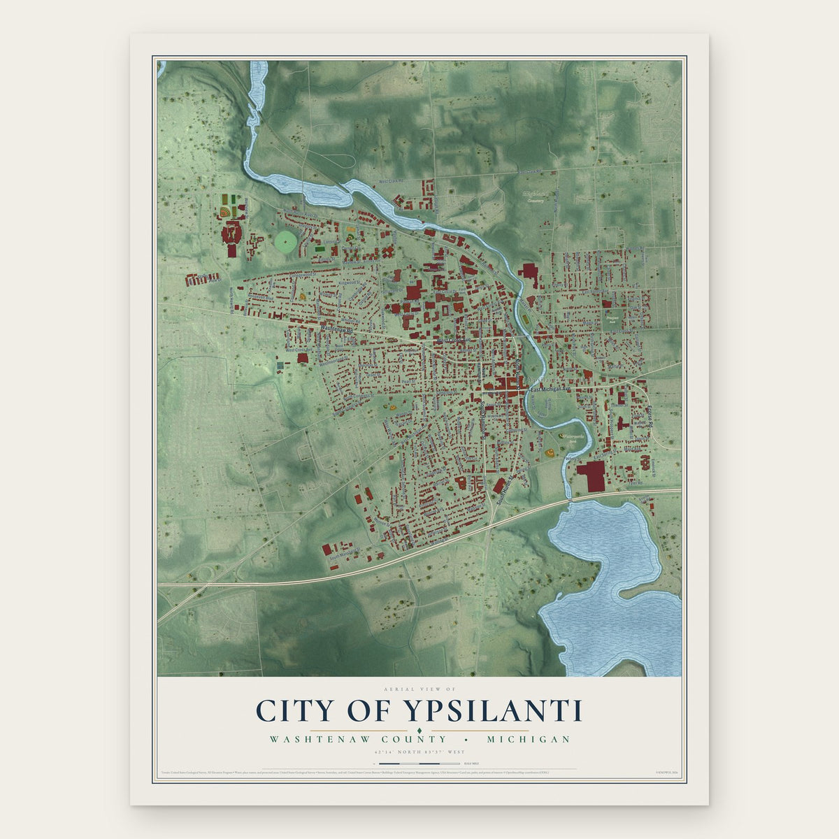 Ypsilanti, Michigan map print, the full design