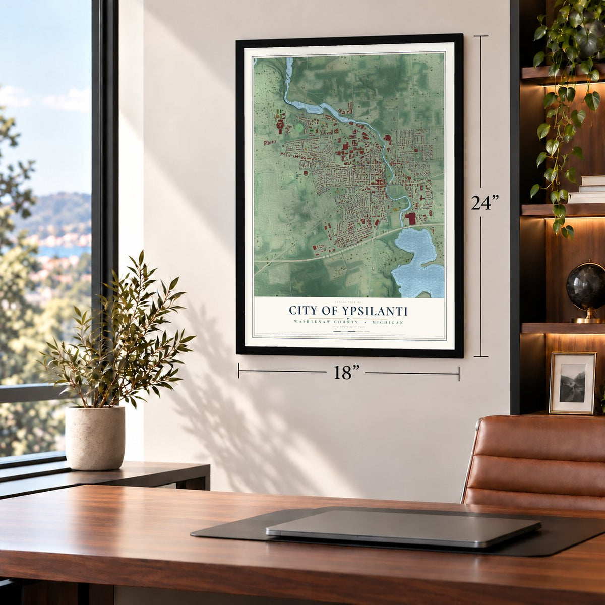 Ypsilanti, Michigan map, 18 x 24 inch print in a black frame in a home office