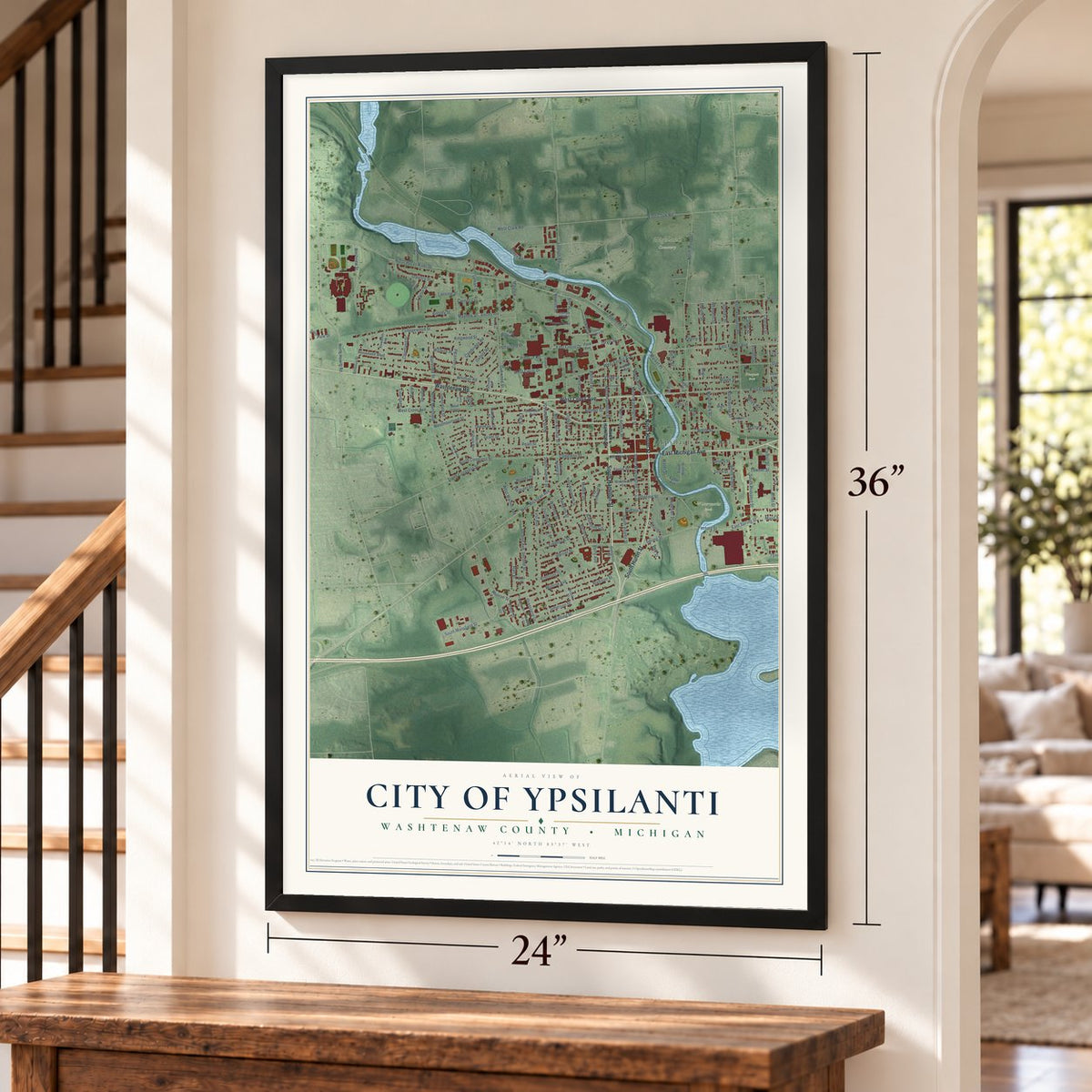 Ypsilanti, Michigan map, 24 x 36 inch print in a black frame by a staircase