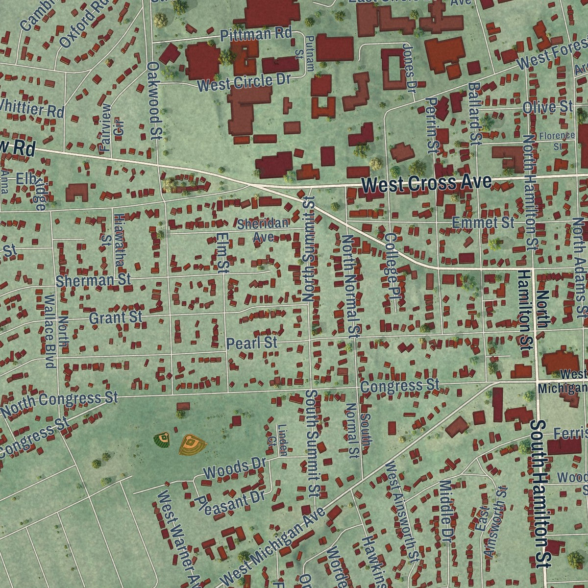 Close-up of the map of Ypsilanti, Michigan print showing street and building detail
