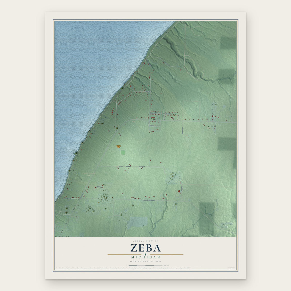 Zeba, Michigan map print, the full design