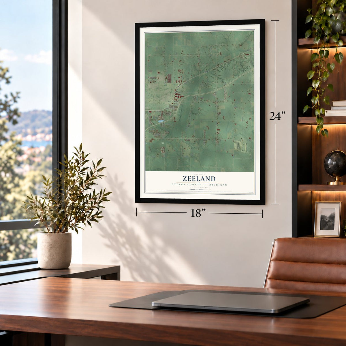 Zeeland, Ottawa County, Michigan map, 18 x 24 inch print in a black frame in a home office