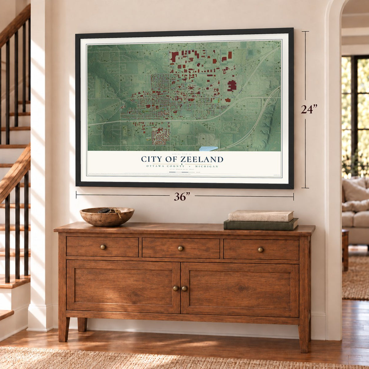 Zeeland, Michigan map, 24 x 36 inch print in a black frame above a dresser by a staircase