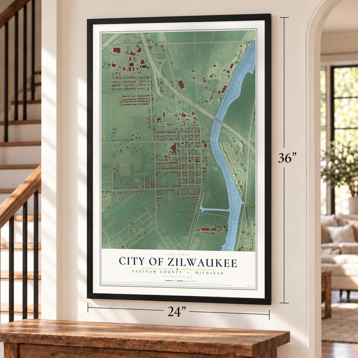 Zilwaukee, Michigan map, 24 x 36 inch print in a black frame by a staircase