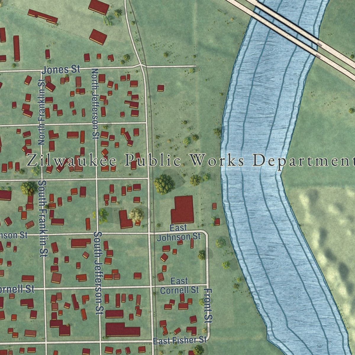 Close-up of the map of Zilwaukee, Michigan print showing street and building detail