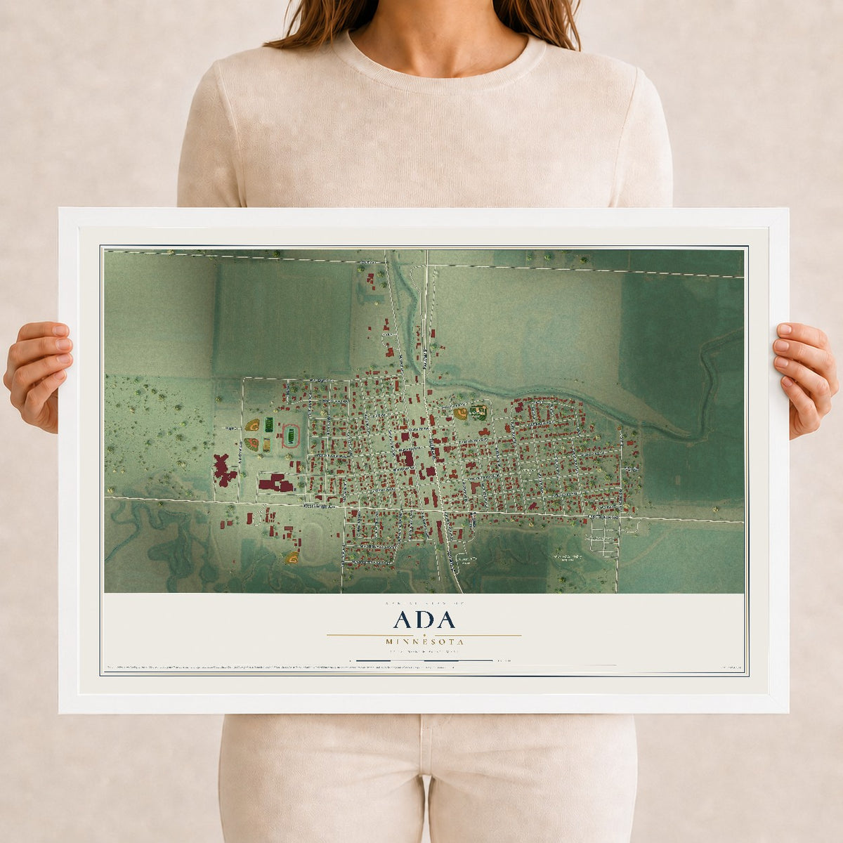 Map of Ada, Minnesota, 12 x 18 inch print in a white wood frame