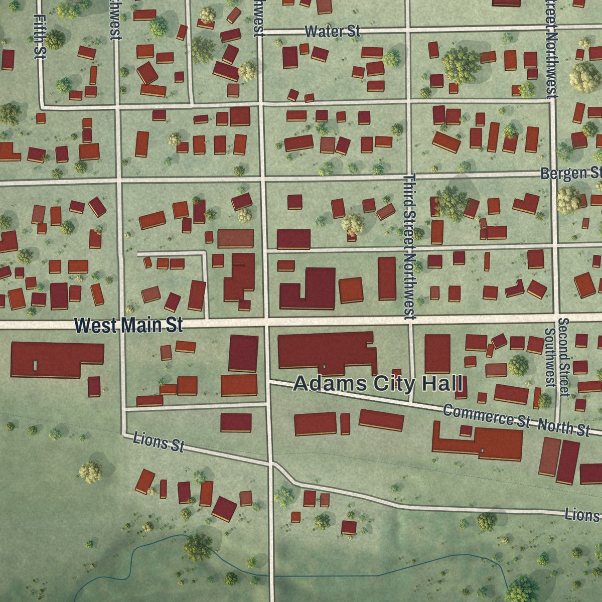 Close-up of the map of Adams, Minnesota print showing street and building detail