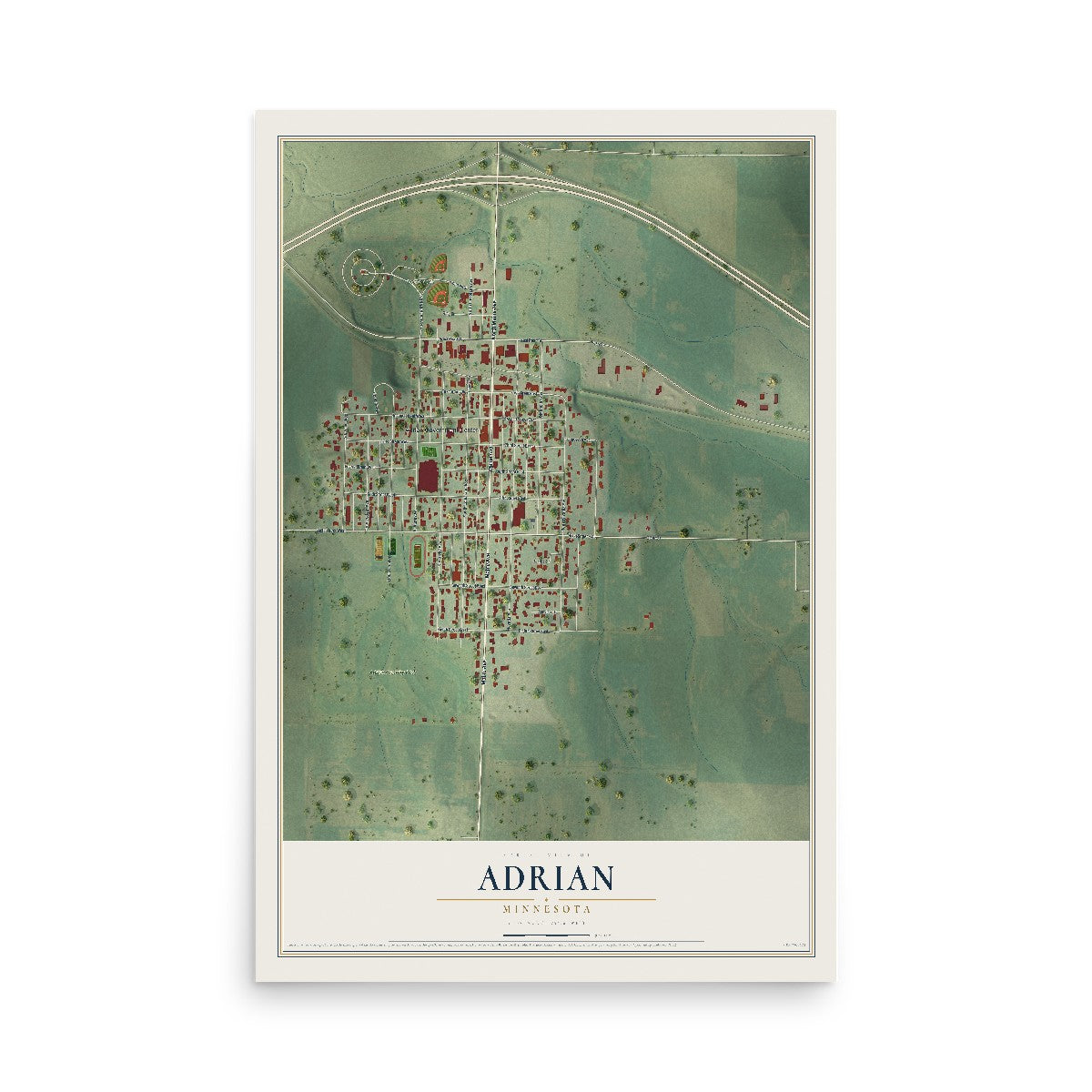 Map of Adrian, Minnesota, 12 x 18 inch unframed archival matte print