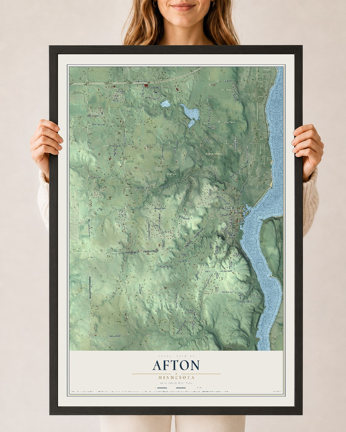 Map of Afton, Minnesota, 24 x 36 inch print in a black wood frame