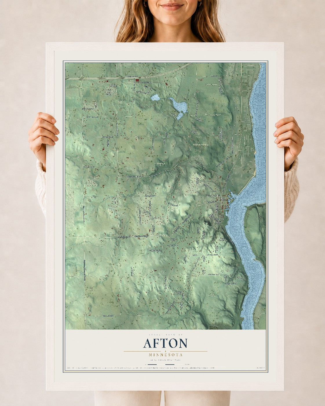 Map of Afton, Minnesota, 24 x 36 inch print in a white wood frame