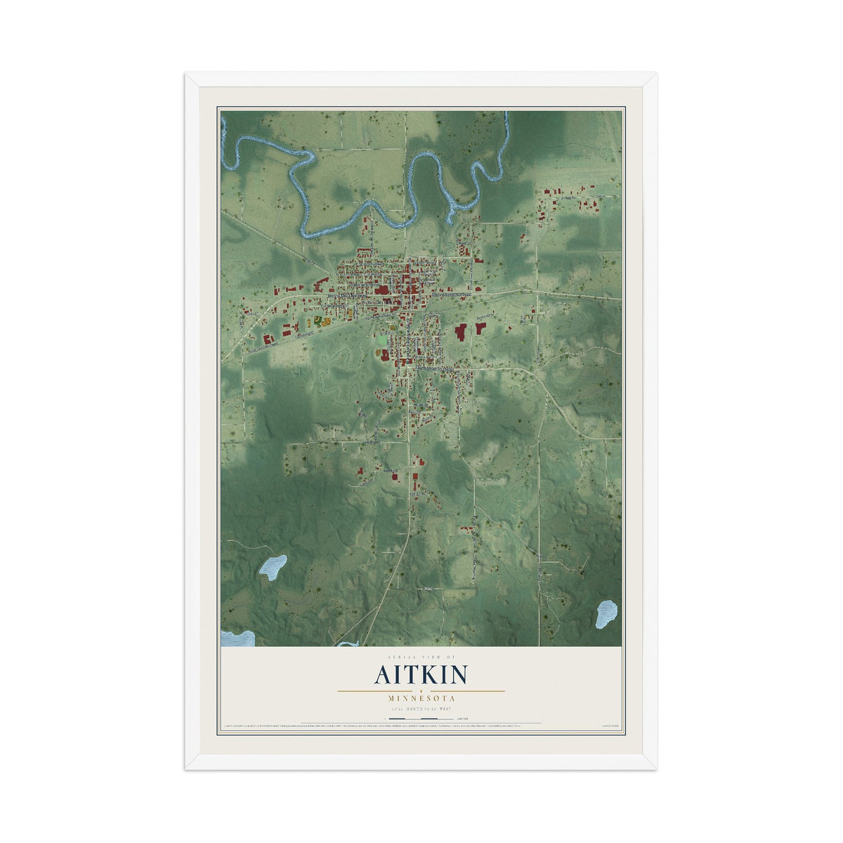 Map of Aitkin, Minnesota, 12 x 18 inch print in a white wood frame