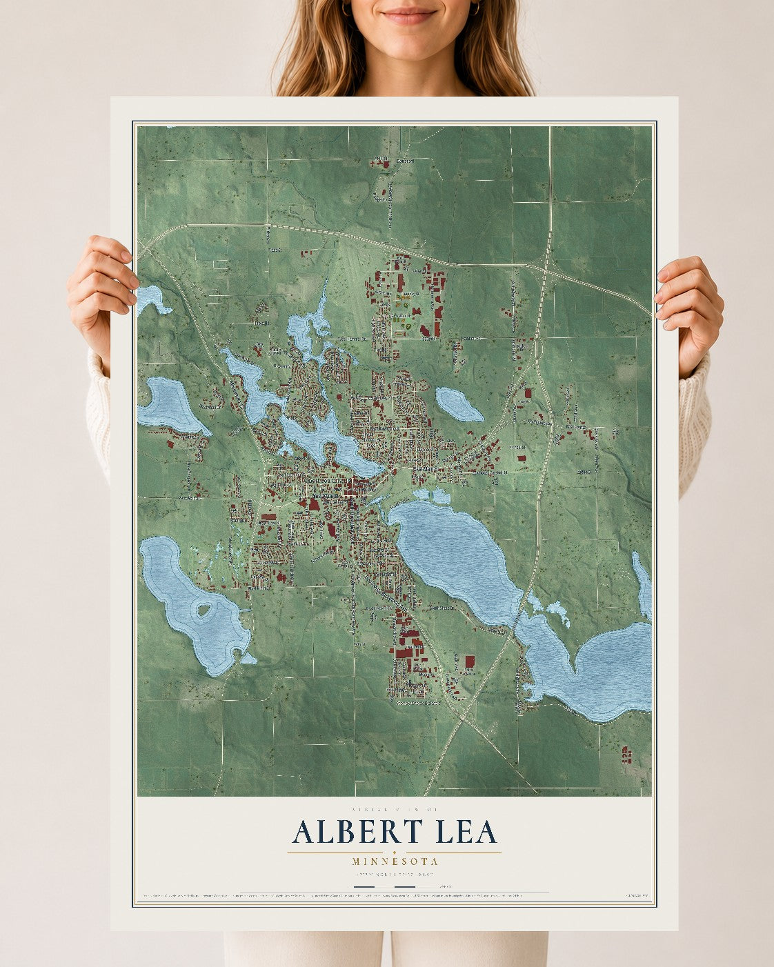 Map of Albert Lea, Minnesota, 24 x 36 inch unframed archival matte print