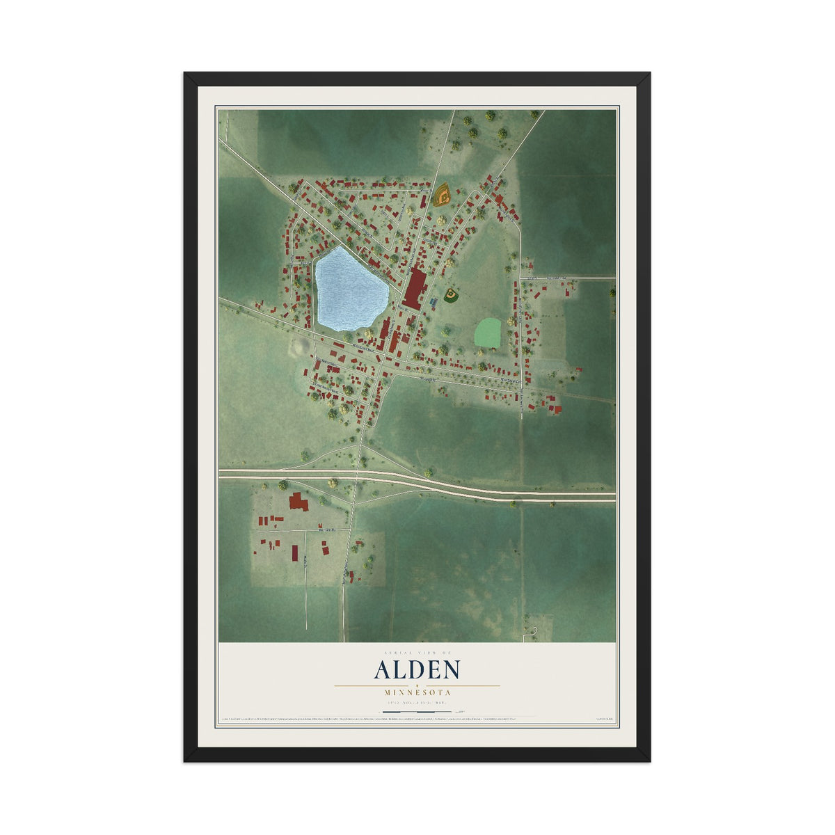 Map of Alden, Minnesota, 12 x 18 inch print in a black wood frame