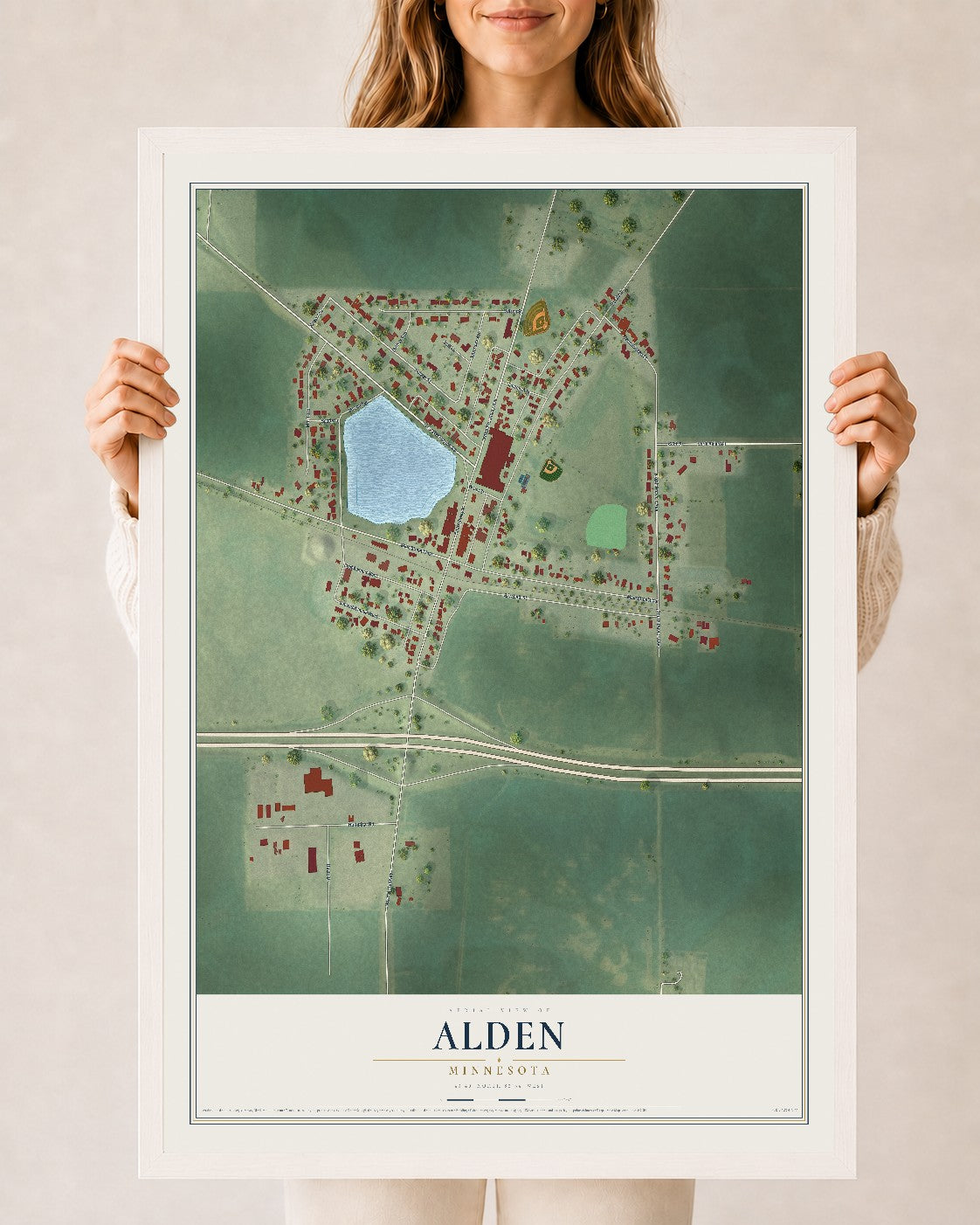 Map of Alden, Minnesota, 24 x 36 inch print in a white wood frame