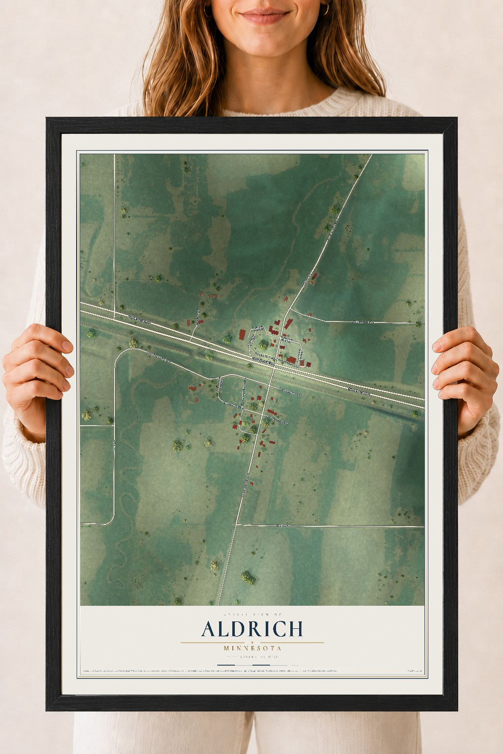 Map of Aldrich, Minnesota, 18 x 24 inch print in a black wood frame