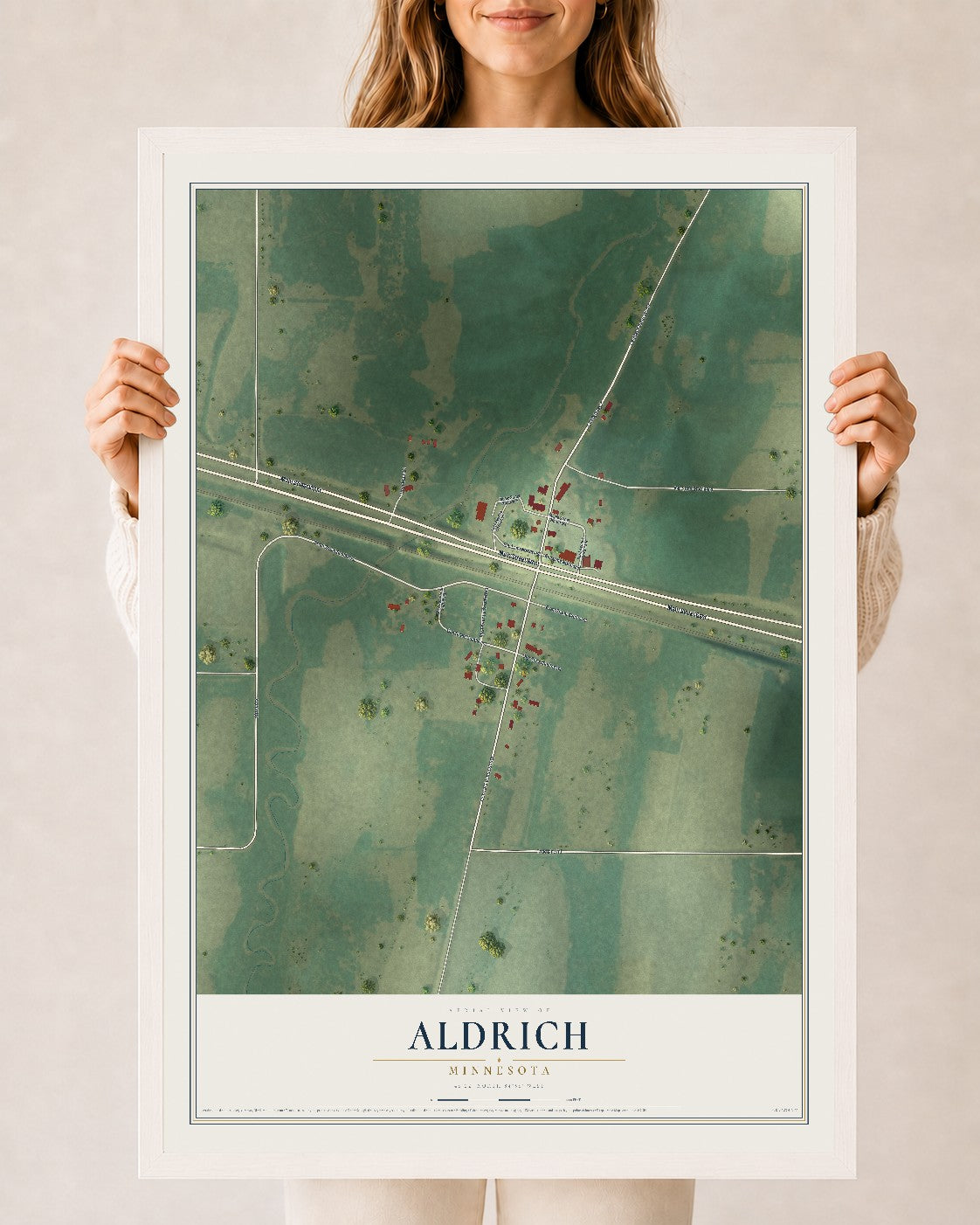 Map of Aldrich, Minnesota, 24 x 36 inch print in a white wood frame