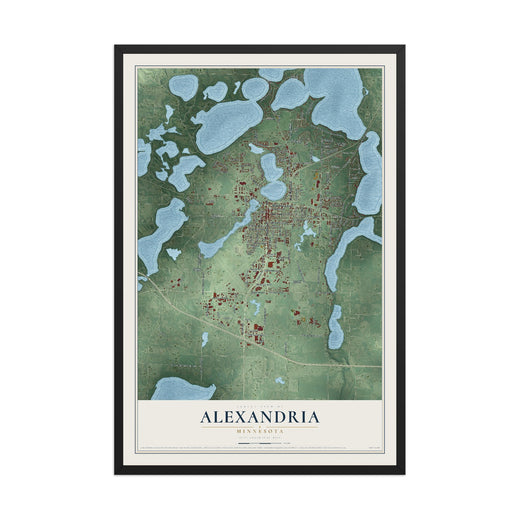 Map of Alexandria, Minnesota, 12 x 18 inch print in a black wood frame