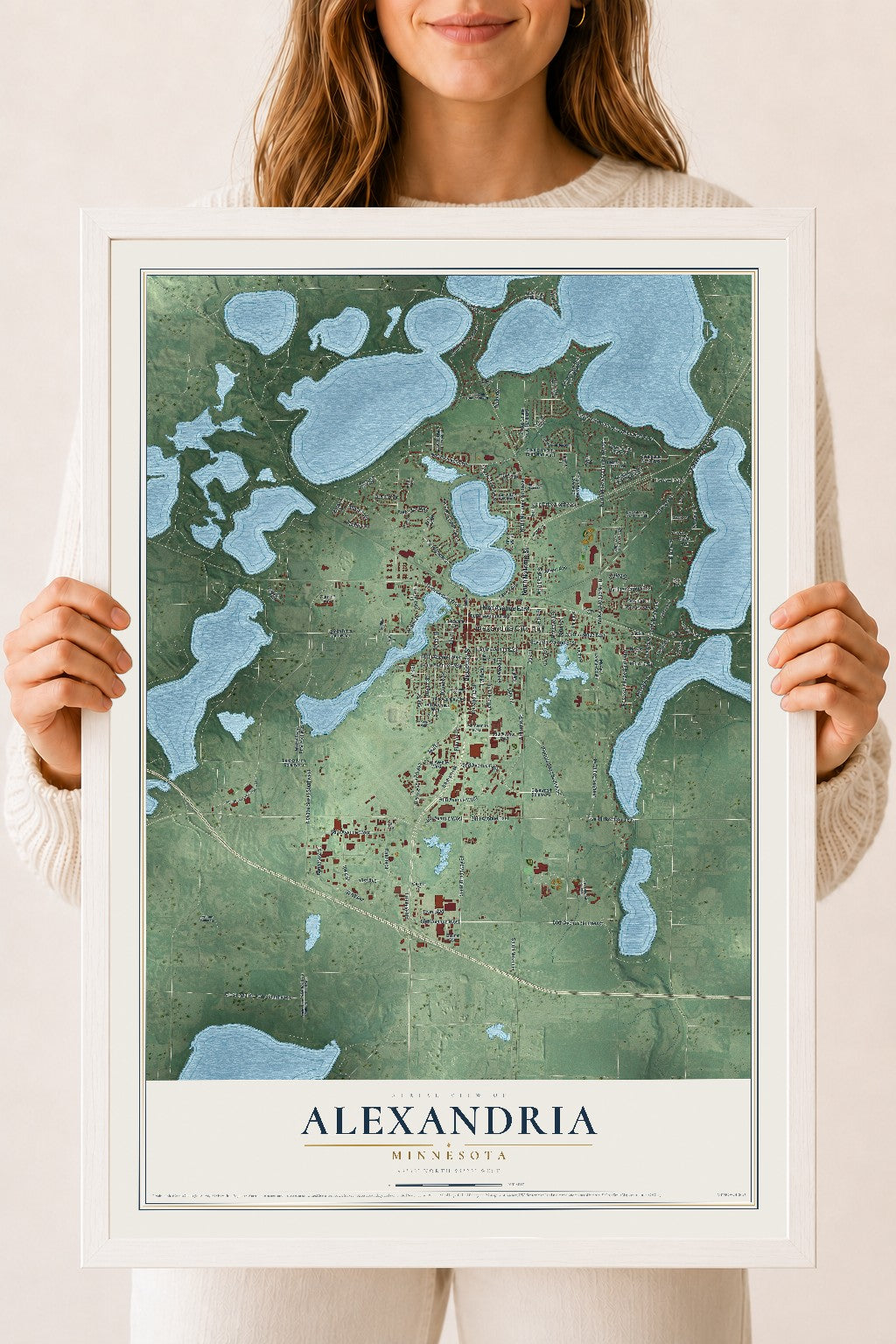 Map of Alexandria, Minnesota, 18 x 24 inch print in a white wood frame