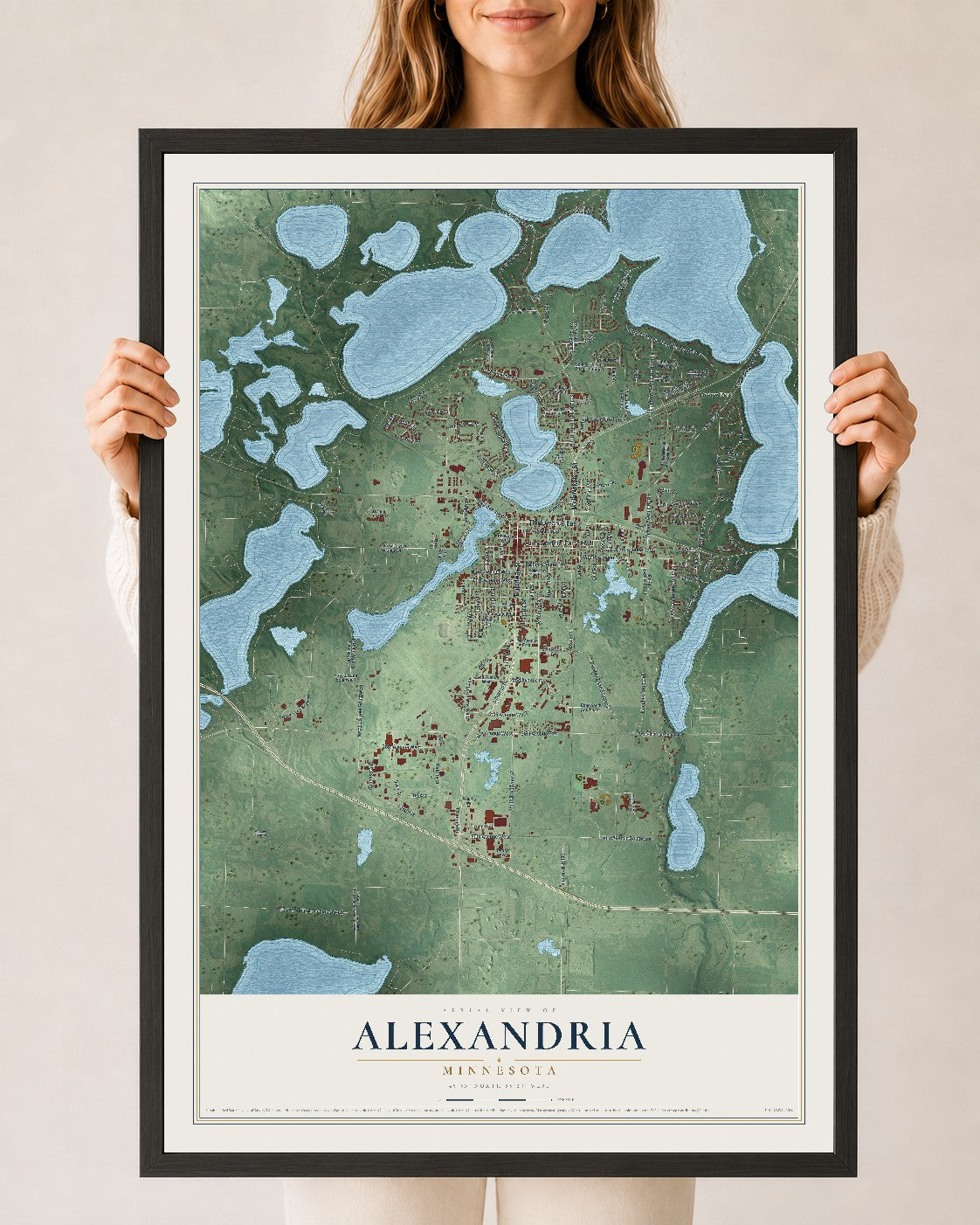 Map of Alexandria, Minnesota, 24 x 36 inch print in a black wood frame