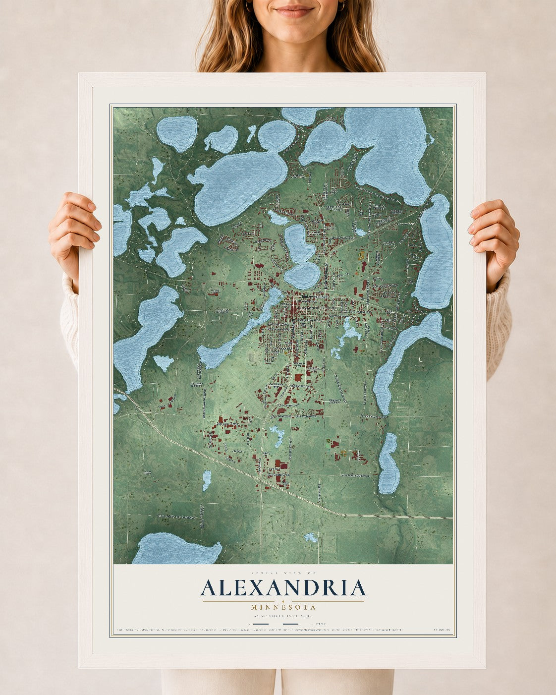 Map of Alexandria, Minnesota, 24 x 36 inch print in a white wood frame