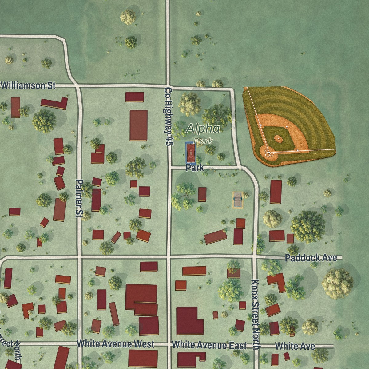 Close-up of the map of Alpha, Minnesota print showing street and building detail