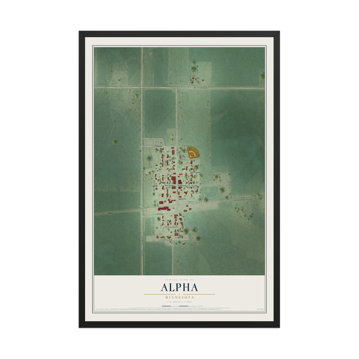 Map of Alpha, Minnesota, 12 x 18 inch print in a black wood frame