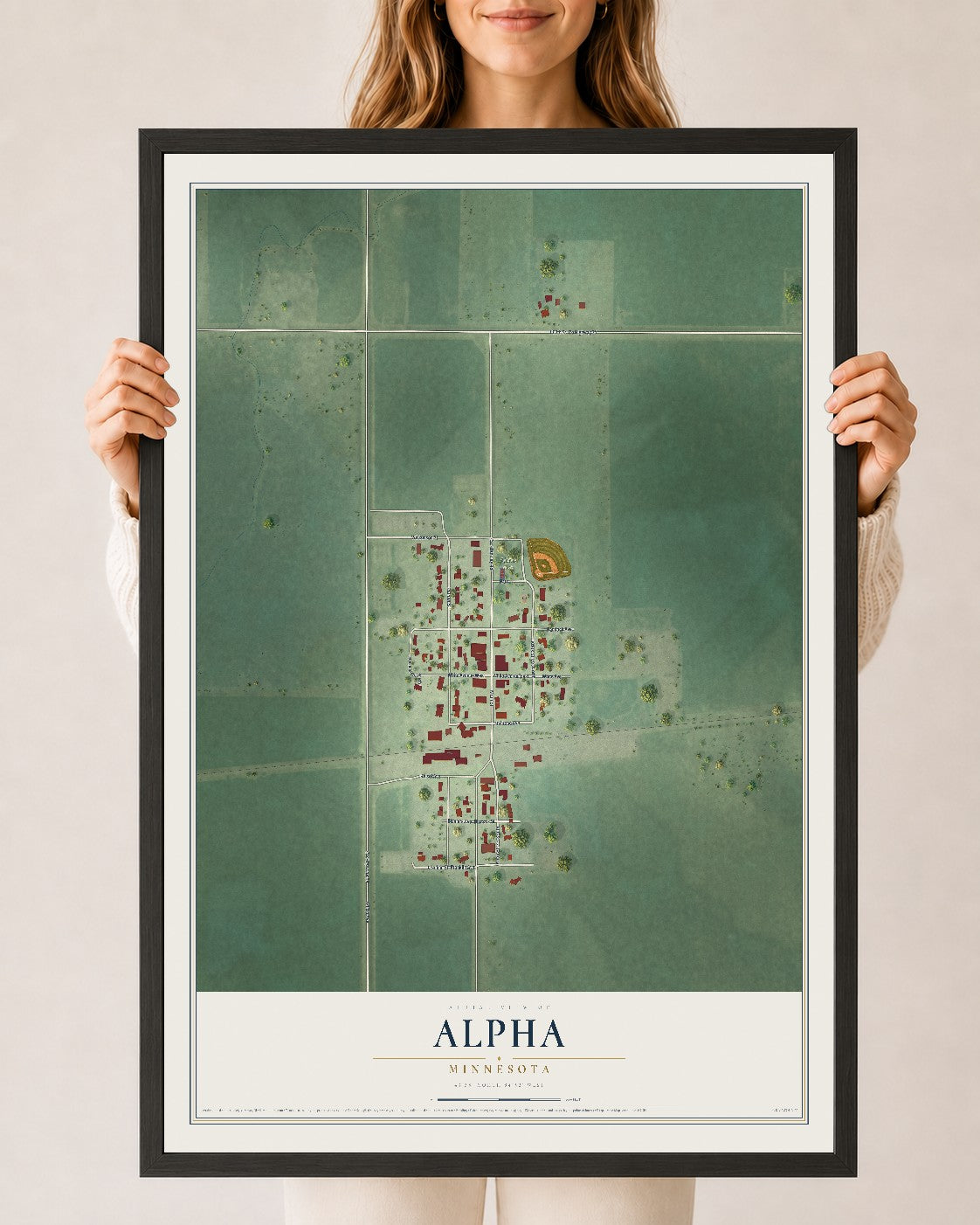 Map of Alpha, Minnesota, 24 x 36 inch print in a black wood frame