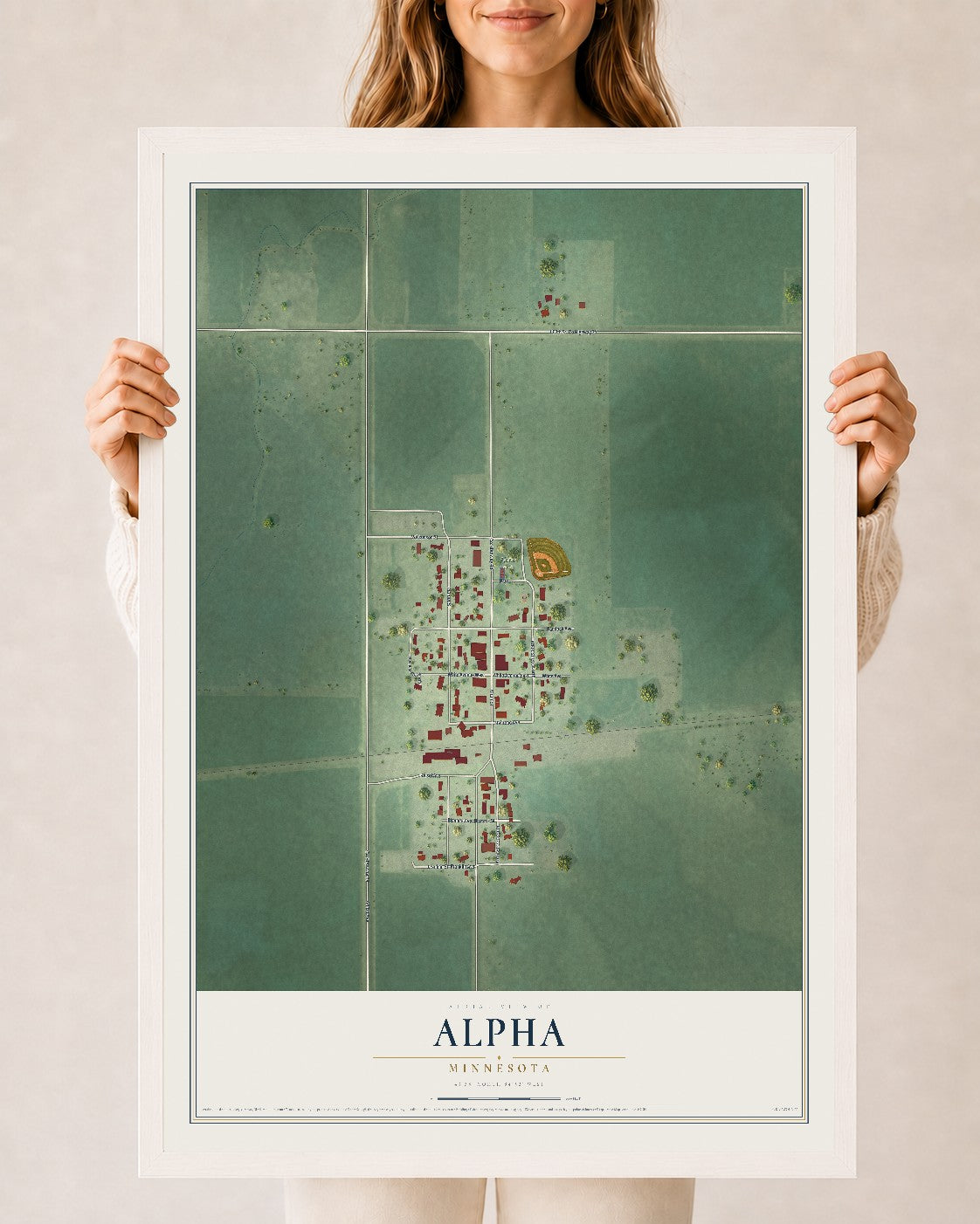 Map of Alpha, Minnesota, 24 x 36 inch print in a white wood frame