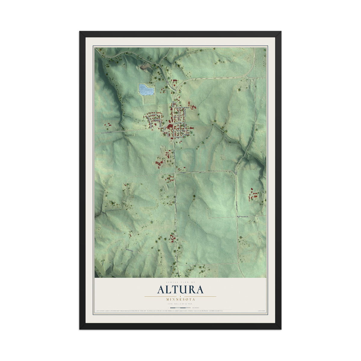 Map of Altura, Minnesota, 12 x 18 inch print in a black wood frame