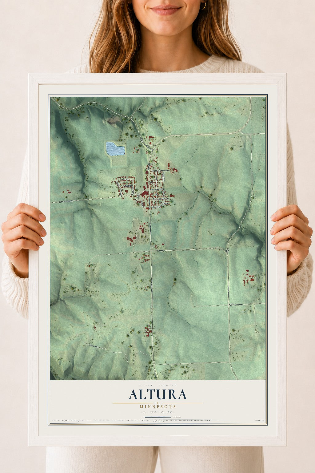 Map of Altura, Minnesota, 18 x 24 inch print in a white wood frame