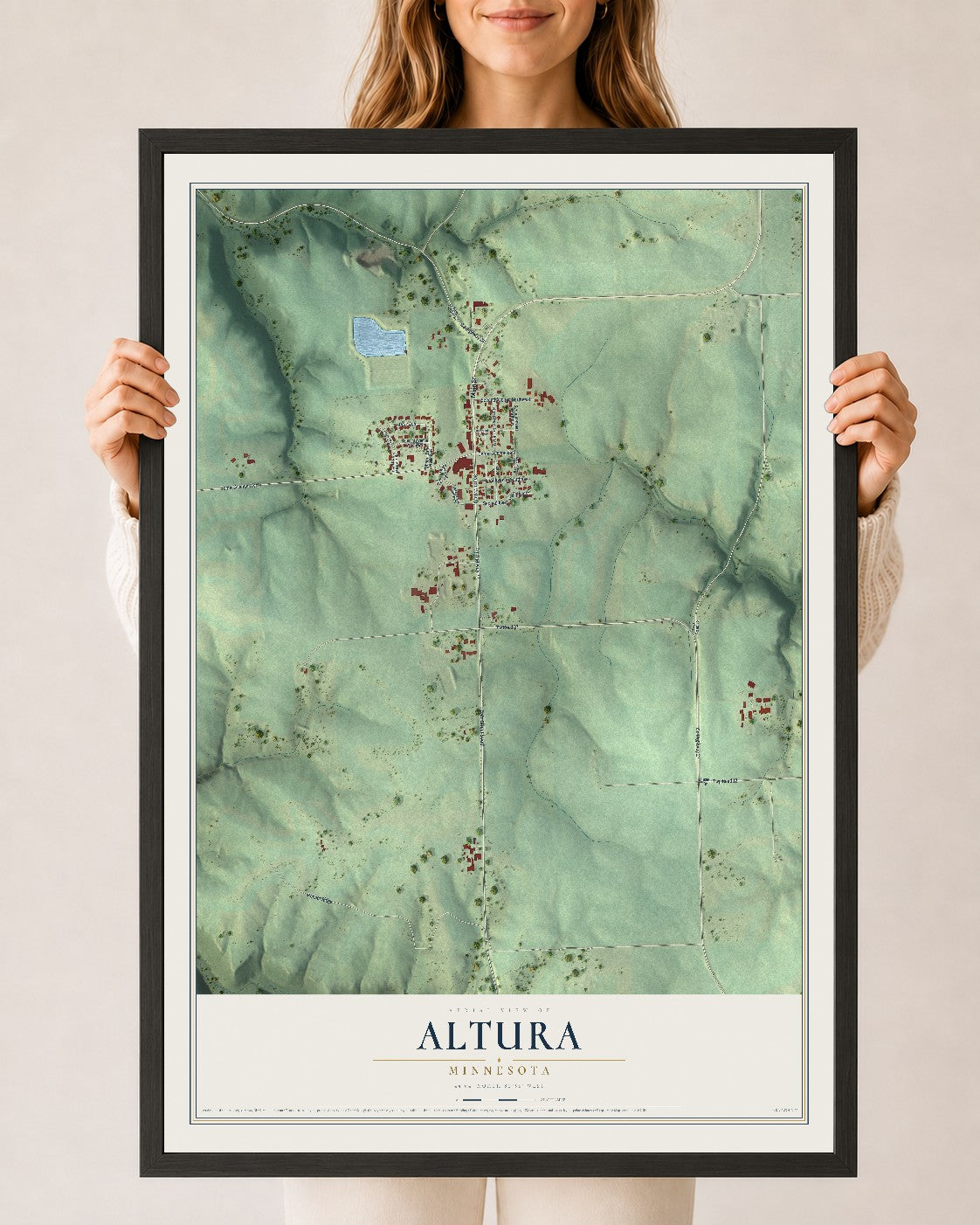 Map of Altura, Minnesota, 24 x 36 inch print in a black wood frame