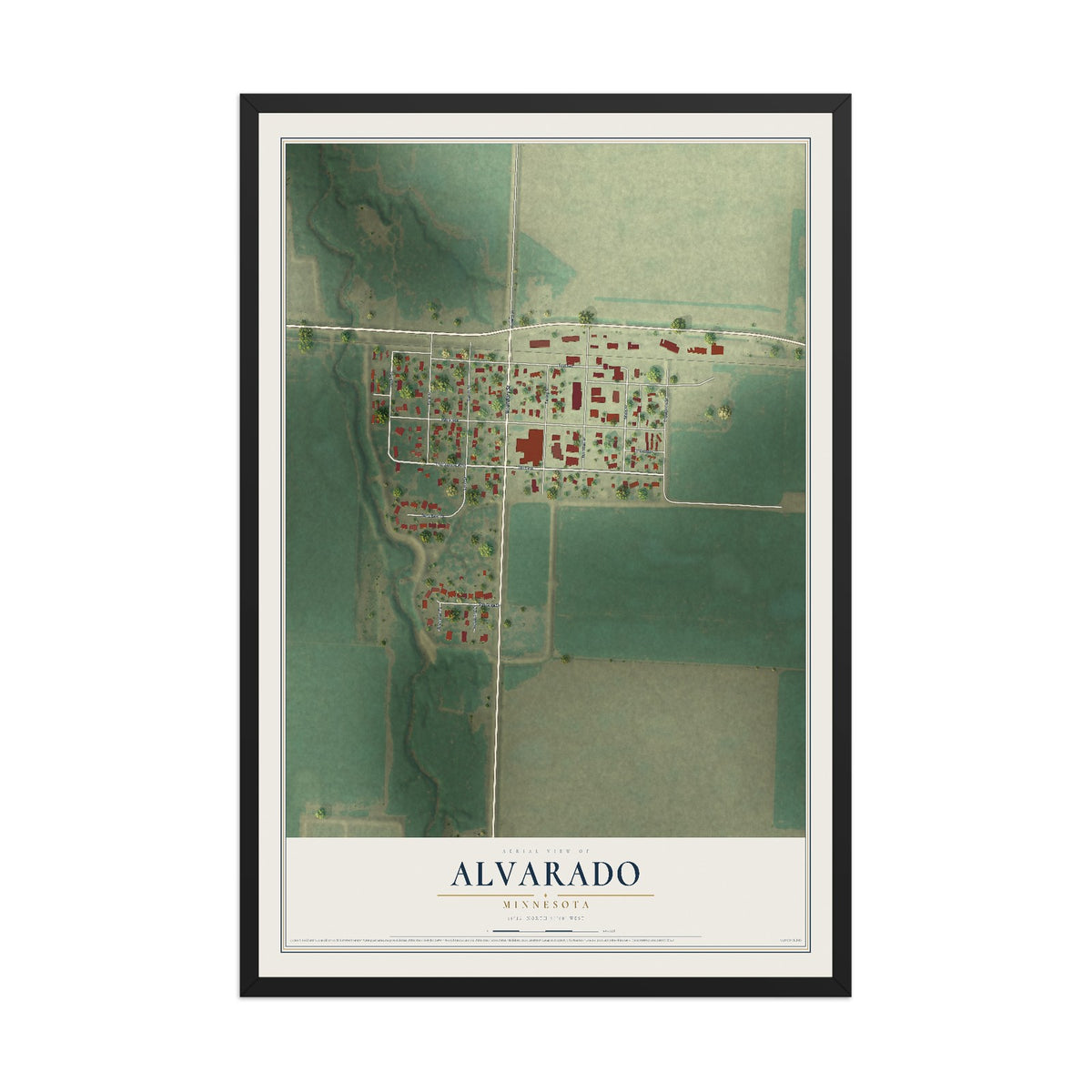 Map of Alvarado, Minnesota, 12 x 18 inch print in a black wood frame