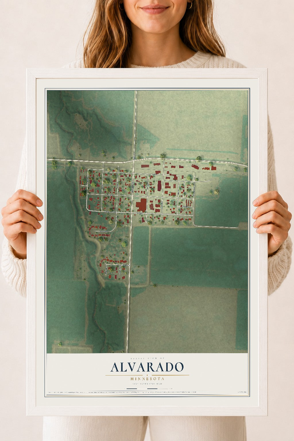 Map of Alvarado, Minnesota, 18 x 24 inch print in a white wood frame