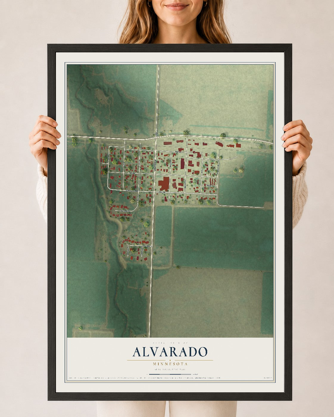 Map of Alvarado, Minnesota, 24 x 36 inch print in a black wood frame