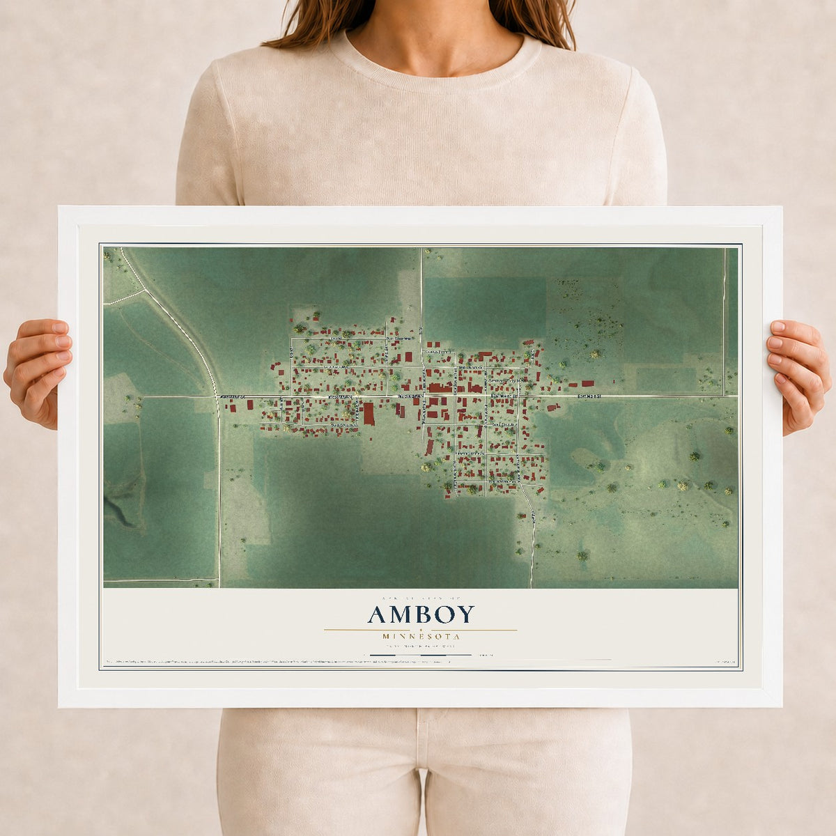 Map of Amboy, Minnesota, 12 x 18 inch print in a white wood frame