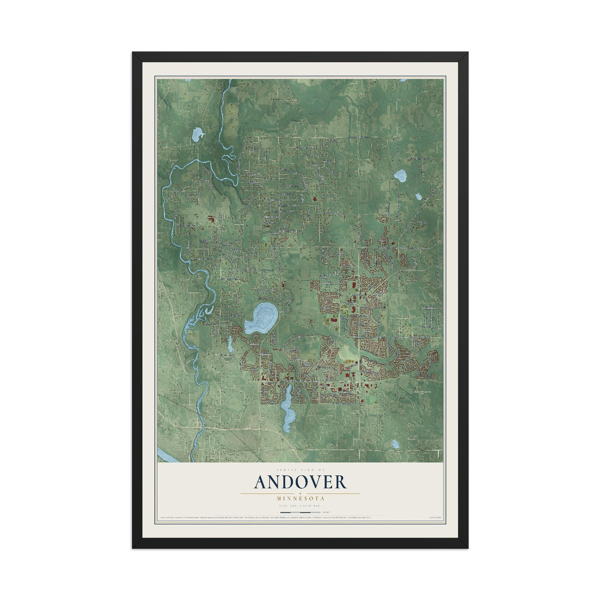 Map of Andover, Minnesota, 12 x 18 inch print in a black wood frame