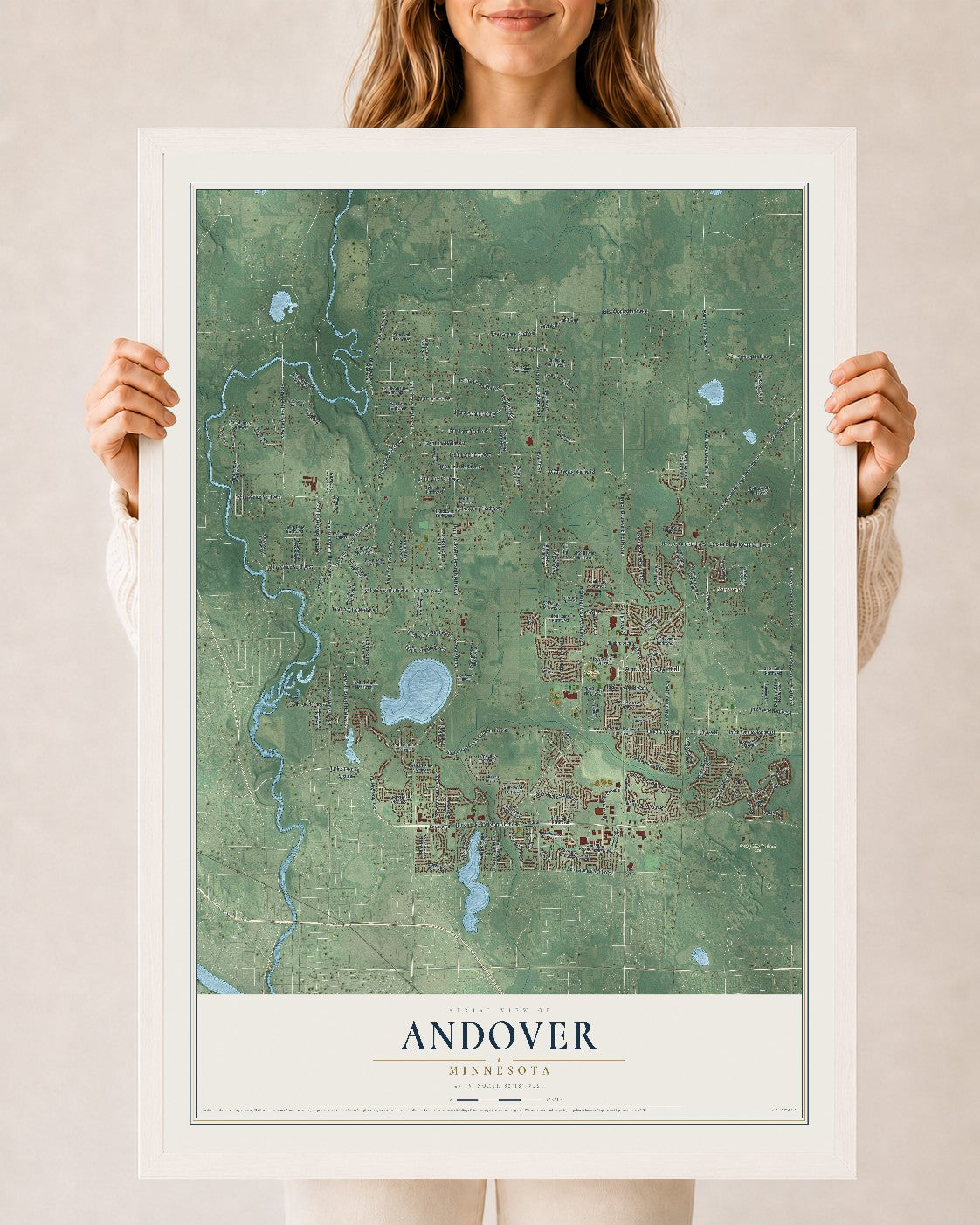 Map of Andover, Minnesota, 24 x 36 inch print in a white wood frame