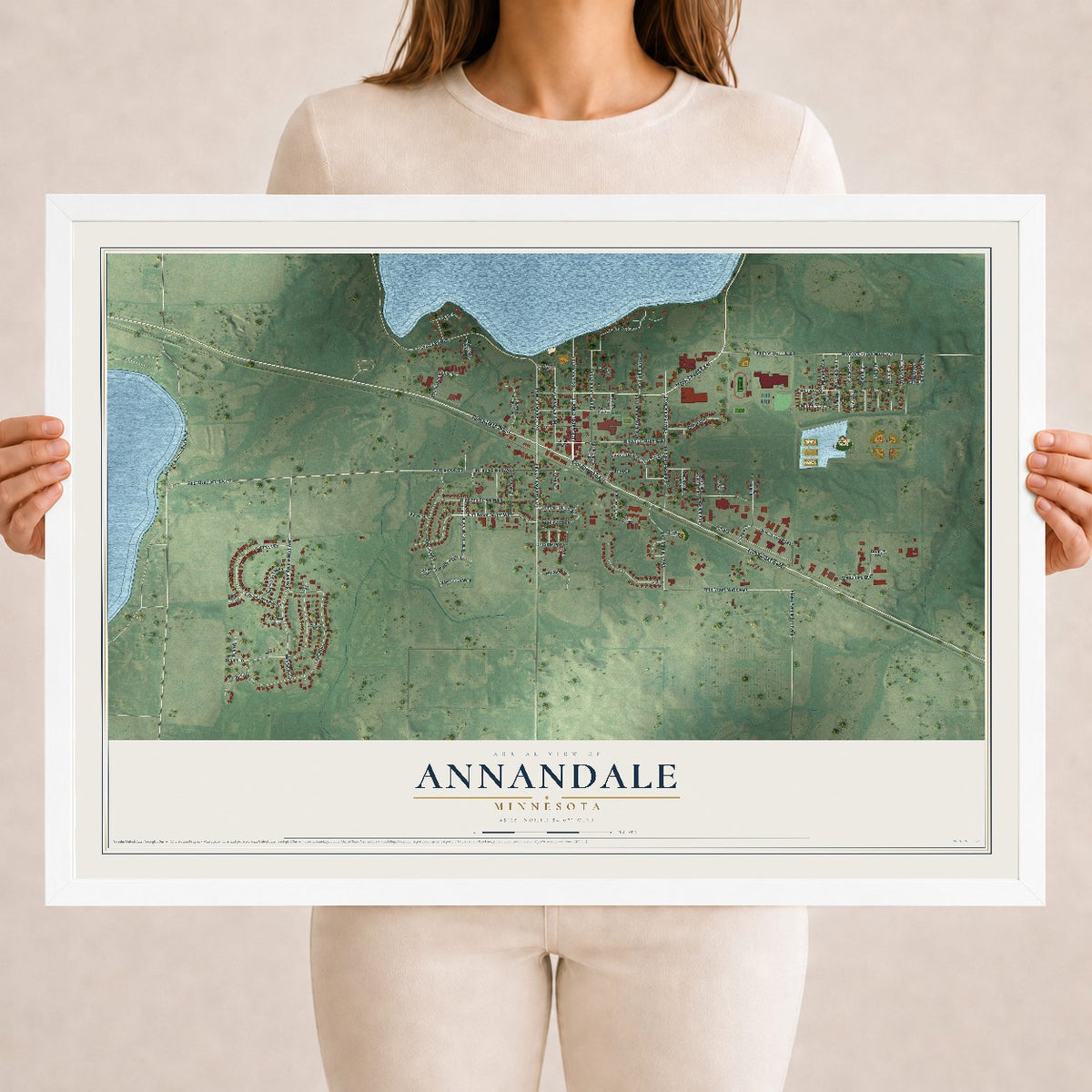 Map of Annandale, Minnesota, 18 x 24 inch print in a white wood frame