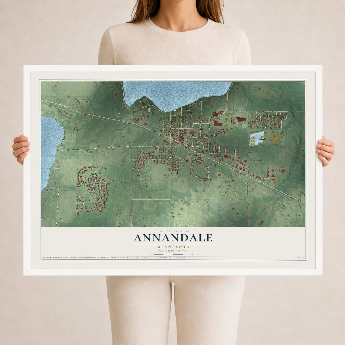 Map of Annandale, Minnesota, 24 x 36 inch print in a white wood frame