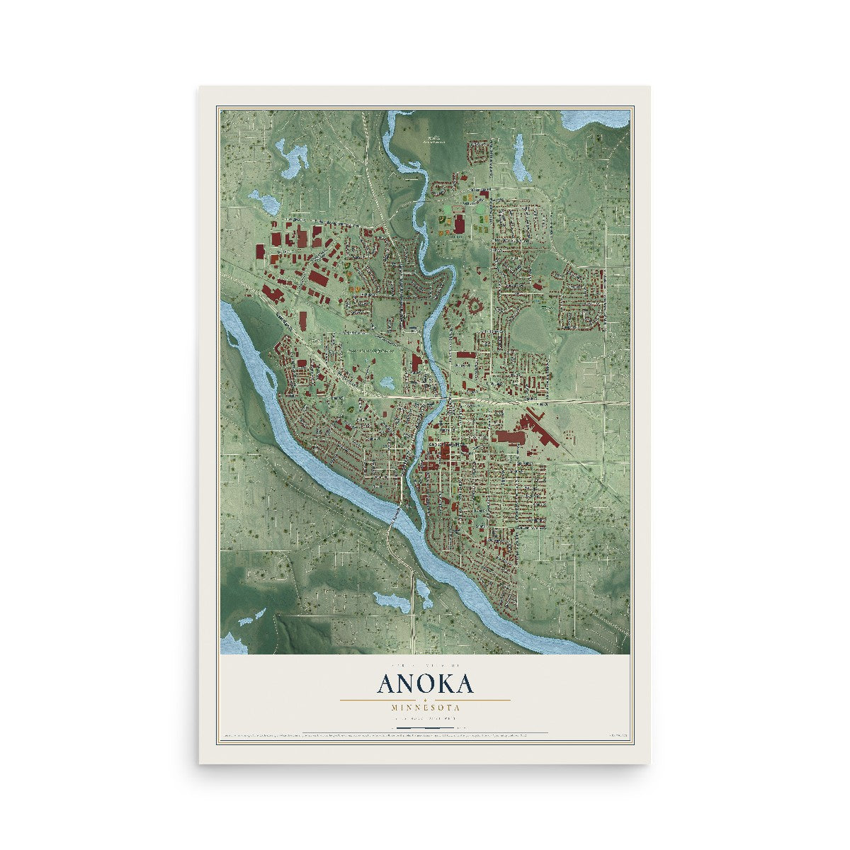 Map of Anoka, Minnesota, 12 x 18 inch unframed archival matte print