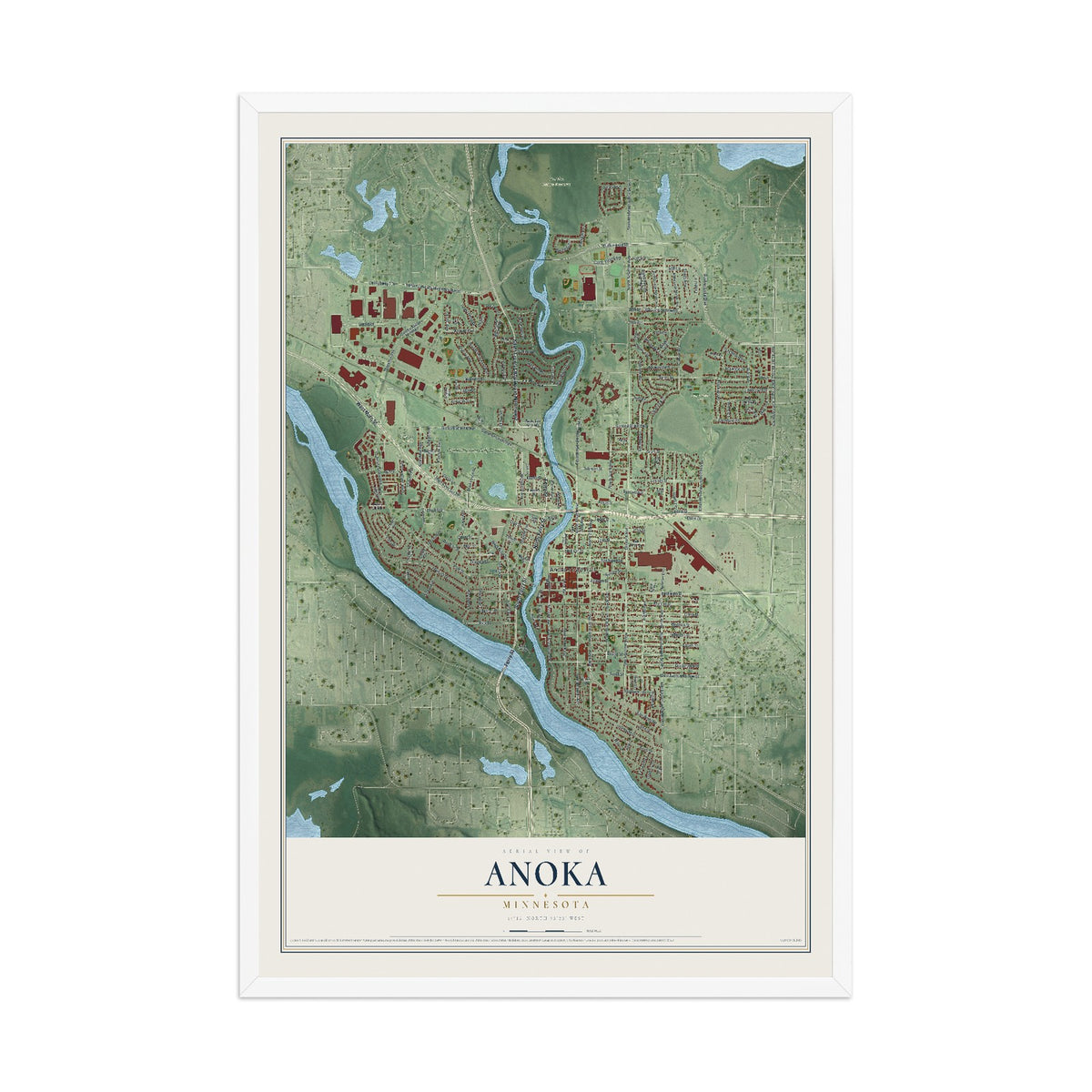 Map of Anoka, Minnesota, 12 x 18 inch print in a white wood frame
