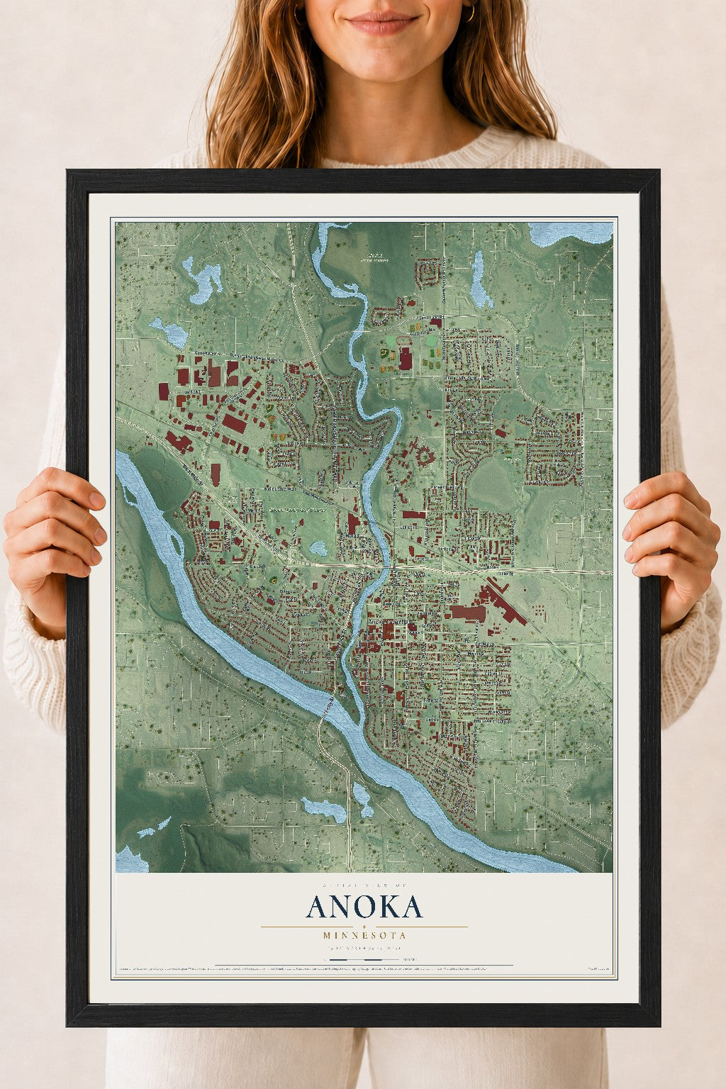 Map of Anoka, Minnesota, 18 x 24 inch print in a black wood frame