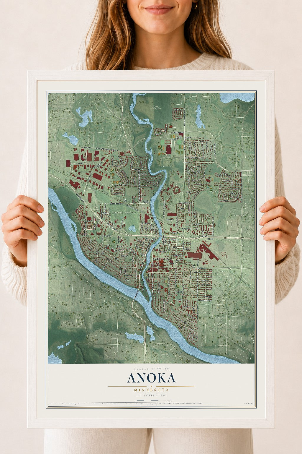 Map of Anoka, Minnesota, 18 x 24 inch print in a white wood frame