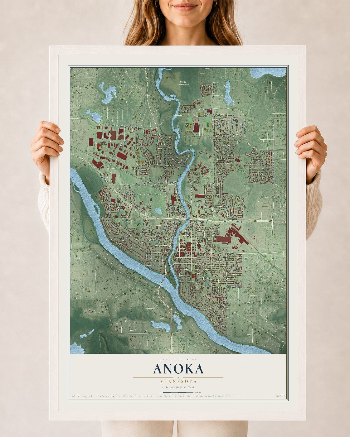 Map of Anoka, Minnesota, 24 x 36 inch print in a white wood frame