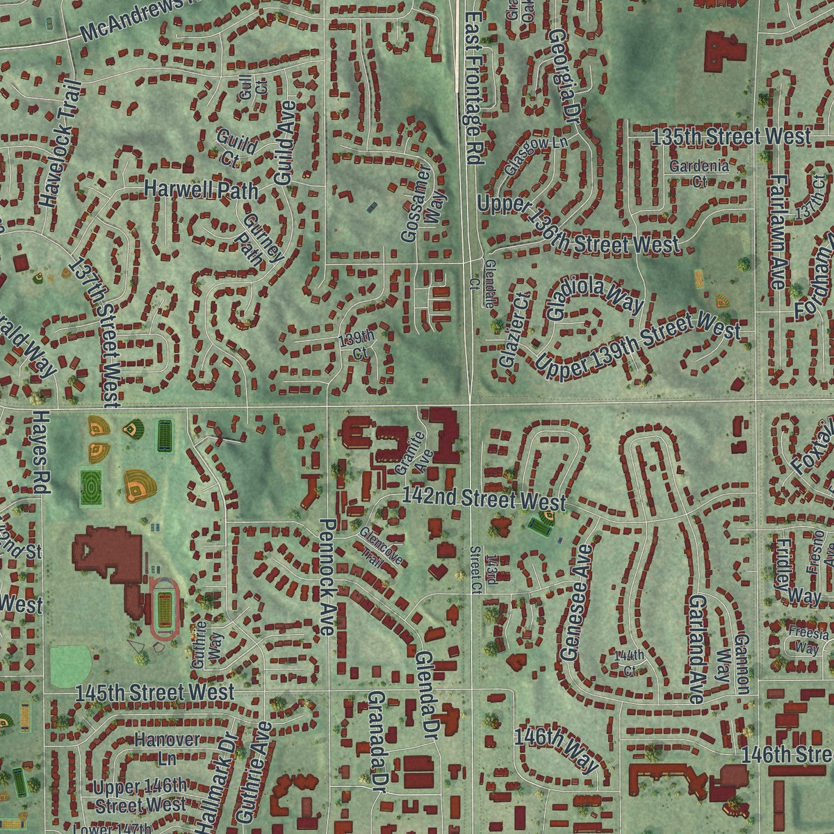 Close-up of the map of Apple Valley, Minnesota print showing street and building detail