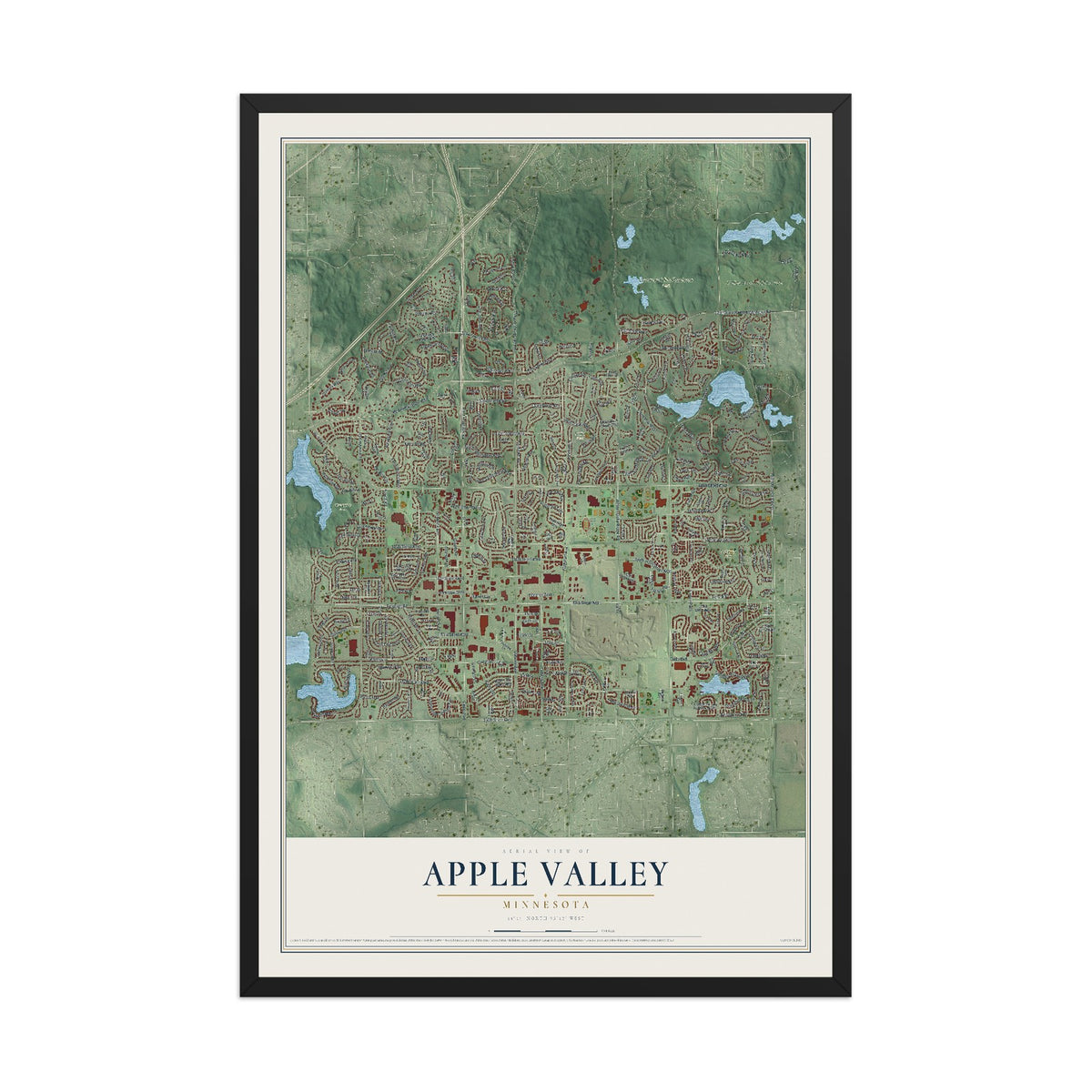 Map of Apple Valley, Minnesota, 12 x 18 inch print in a black wood frame