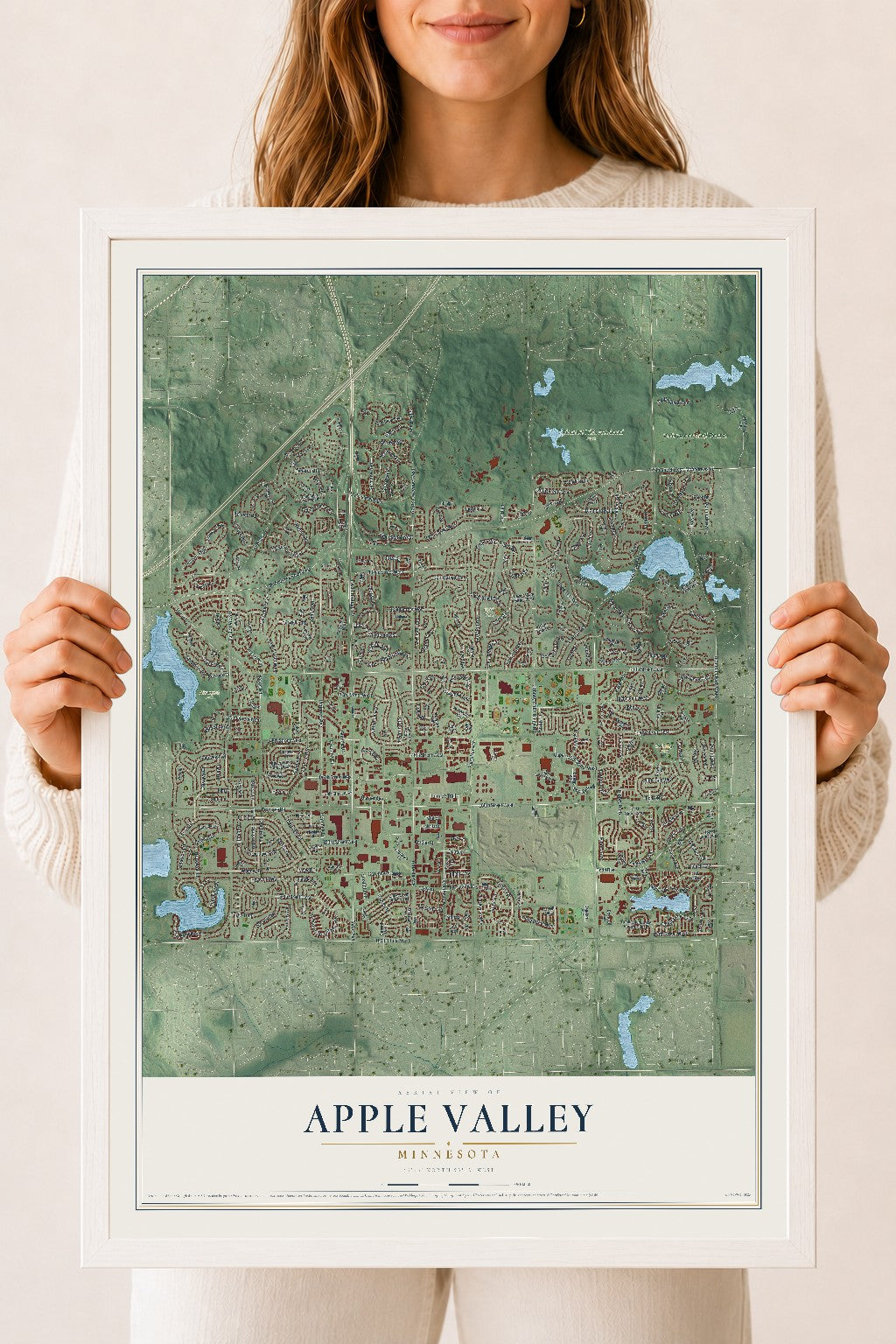 Map of Apple Valley, Minnesota, 18 x 24 inch print in a white wood frame