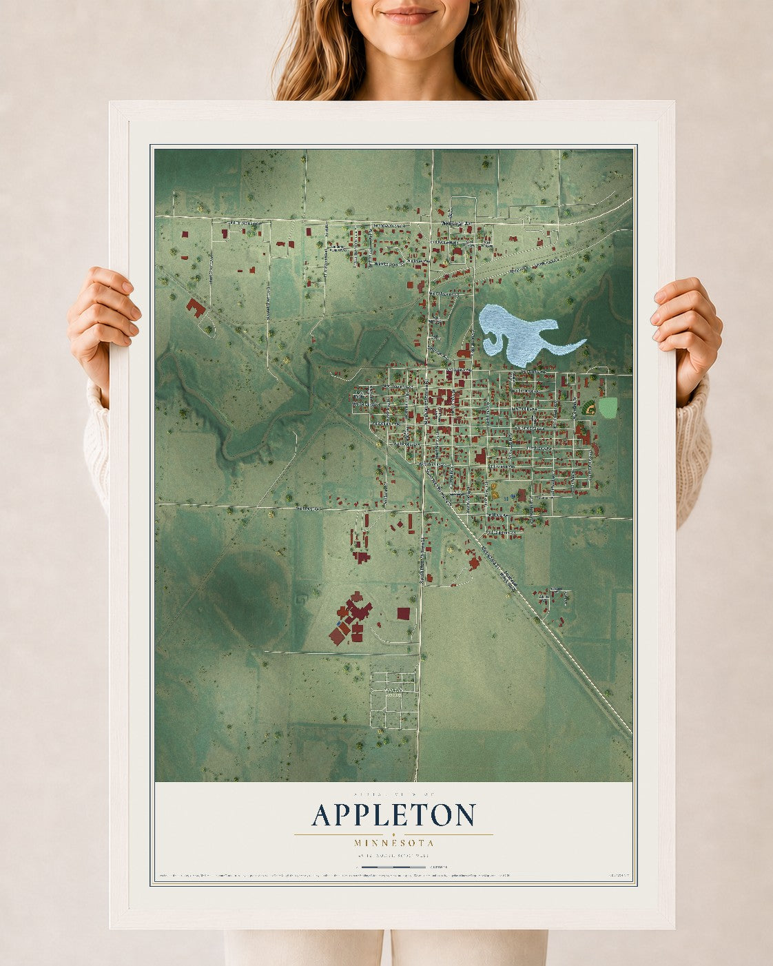 Map of Appleton, Minnesota, 24 x 36 inch print in a white wood frame