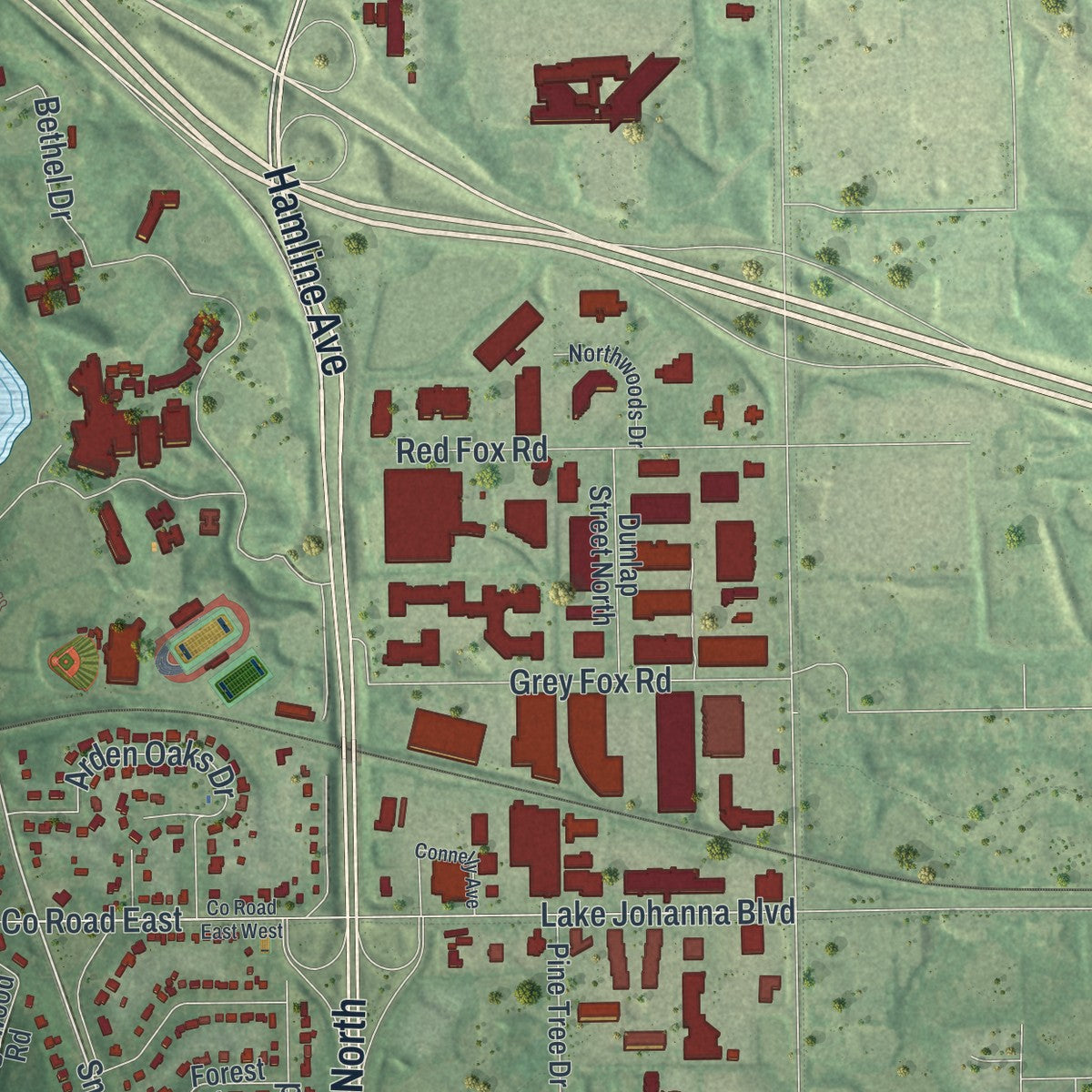 Second close-up of the map of Arden Hills, Minnesota print showing more streets and buildings