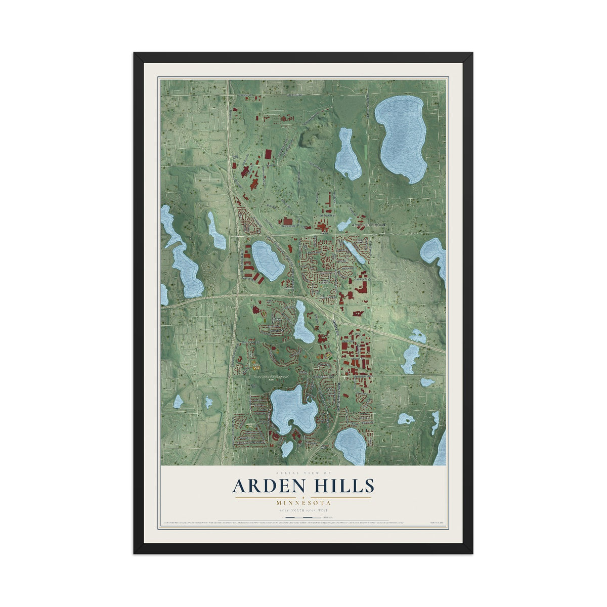 Map of Arden Hills, Minnesota, 12 x 18 inch print in a black wood frame